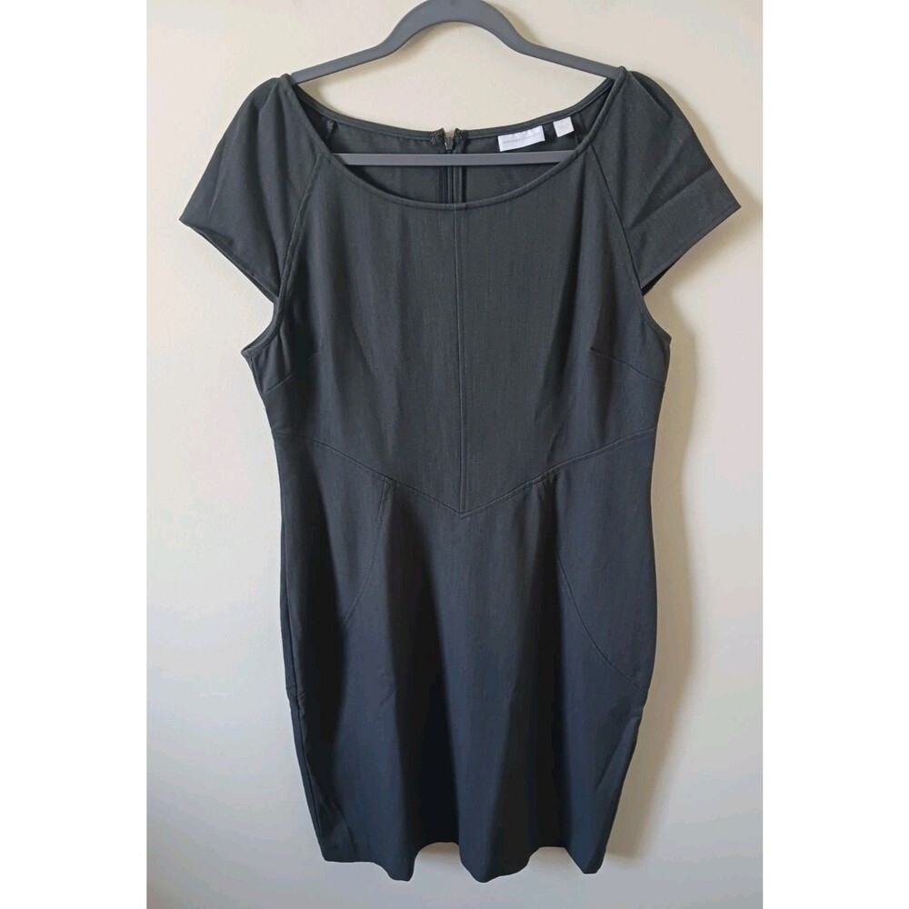 New York & Company Sheath Dress Women 14 Charcoal Gray Cap Sleeve Pockets Career